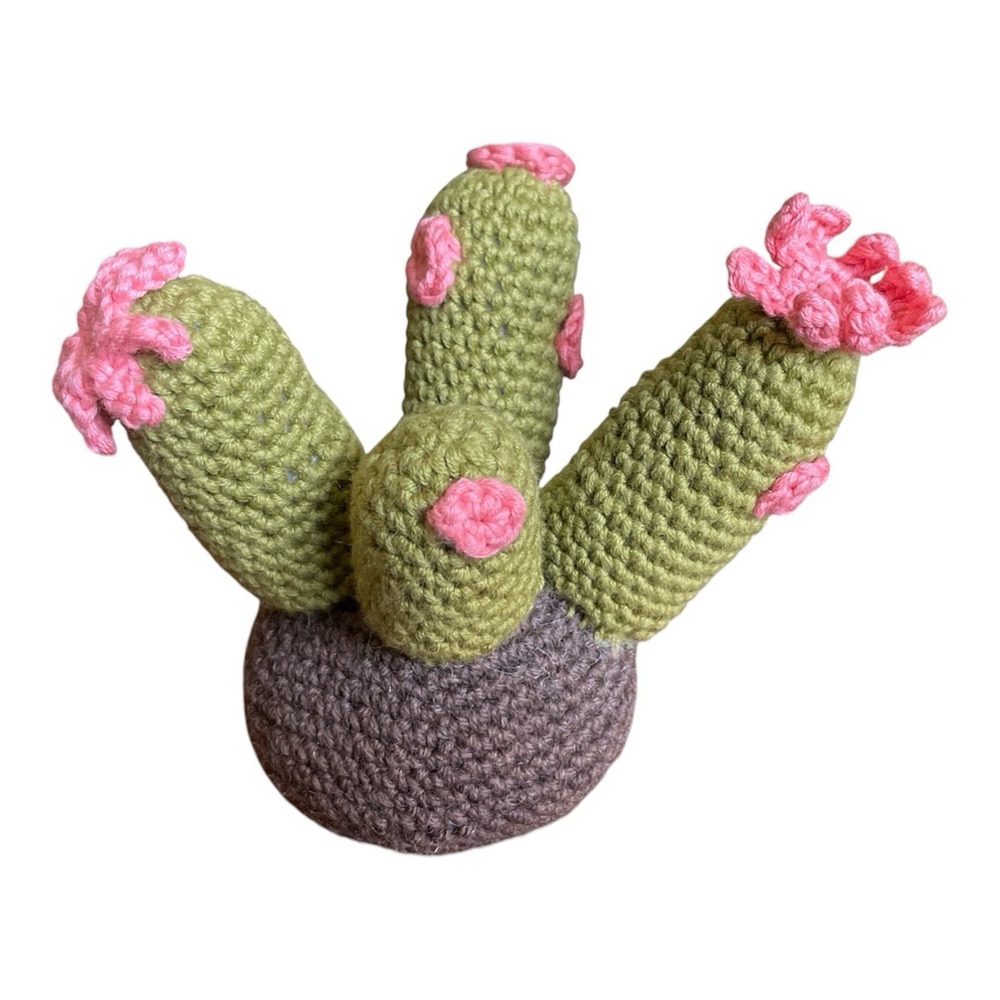 Handmade Crochet Blooming Cactus in Pot Succulent with Pink Flowers Home Decor